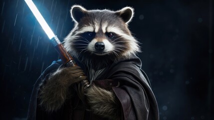 Raccoon Jedi in leather coat, holding glowing blue lightsaber against dark background. Ideal for fantasy or sci-fi themes, game or book covers, and digital media applications. - obrazy, fototapety, plakaty
