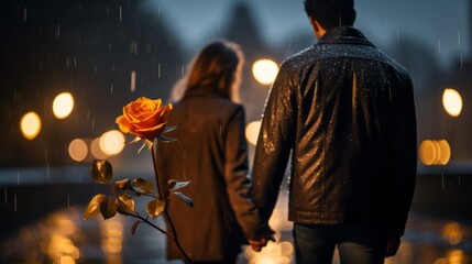 Naklejka premium Enchanting Love: A Blissful Couple Embracing Romance in the Night, Illuminated by Bokeh Lights