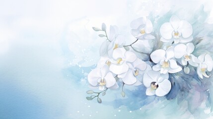 Watercolor illustration of white orchids bouquet on light soft blue background with aquarelle splashes and stains. Banner with copy space. Ideal for greeting card, event invitation, promotion, decor