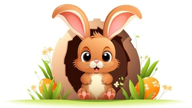 Brown Cartoon cute bunny sitting in Easter egg surrounded by green grass and flowers grass. On white background. Ideal for childrens books or Easter-themed content.