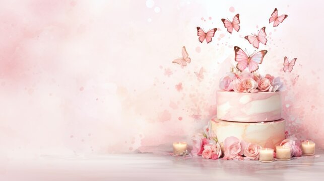 Aquarelle illustration of cake with butterflies and flowers on pastel peach pink background. Art for special occasions. Great for social media posts or event invitations. Banner with copy space