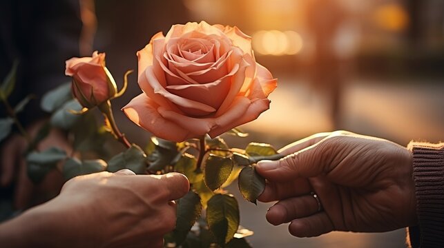 Enchanting Daytime Romance: Captivating Man Gifting a Rose in a Heartwarming Gesture