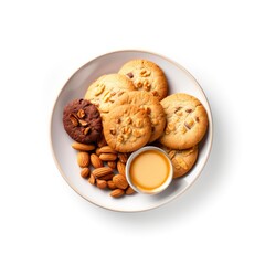 Plate of tasty cookies and almonds on white background, top view.