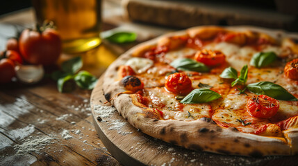 A classic Italian pizza on a wooden plate. - obrazy, fototapety, plakaty