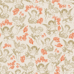 Seamless Pattern with cupids. Happy Valentine's day. Vintage engraving style