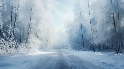 Empty frozen road through idyllic snowy forest in winter.