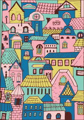 pattern townhouses cottages, European houses in cartoon style. Old city. Vector illustration