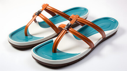 a pair of flip flops with a blue and  white sole