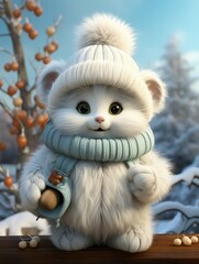 White cartoon bear with cuddly demeanor wears cozy scarf and mittens, exuding warmth. Playful and adorable, bear embodies charm of winter with touch of festive magic, heartwarming in snowy wonderland.