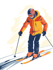 Happy guy in winter skiing, vector in minimalism