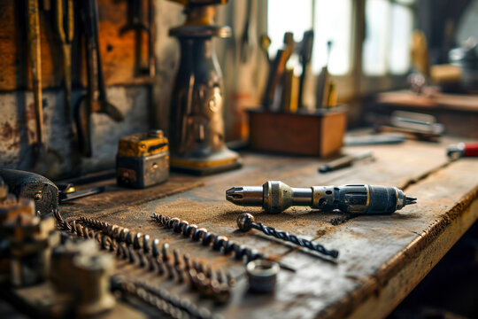 DIY enthusiast's drill setup, an image featuring a drill, various drill bits, and other DIY tools neatly arranged on a workbench.