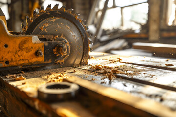 Industrial-grade circular saw, a composition capturing a heavy-duty circular saw being used in an industrial setting.