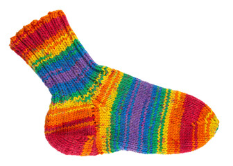 Knitted sock from yarn. Handmade hobby knitting. Rainbow, colorful acrylic, wool or cotton thread....