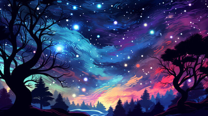 Cartoon silhouette of a star filled sky over the forest, illustration
