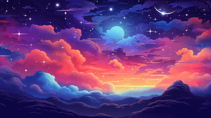 Cartoon illustration background of a sunset giving way to a night time panorama of stars