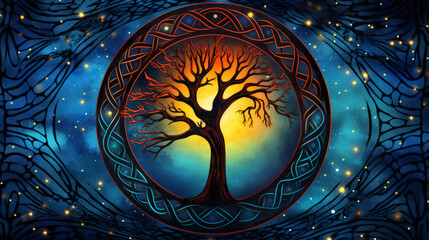 Cartoon illustration stylized Celtic tree of life over a background of stars at night