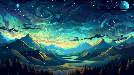 Cartoon illustration stylized background of a beautiful starry sky over the mountains 