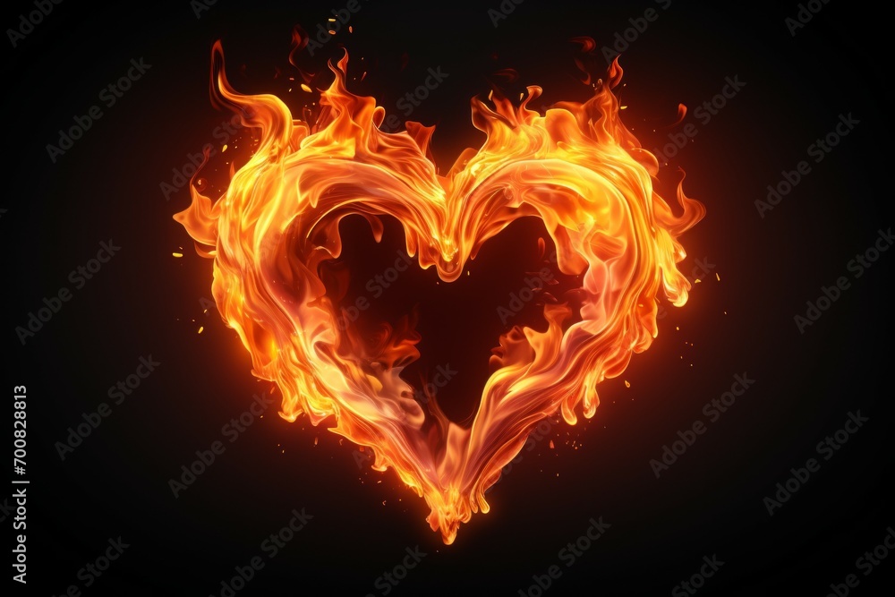 Poster fire flame in the shape of a heart. background with selective focus with copy space