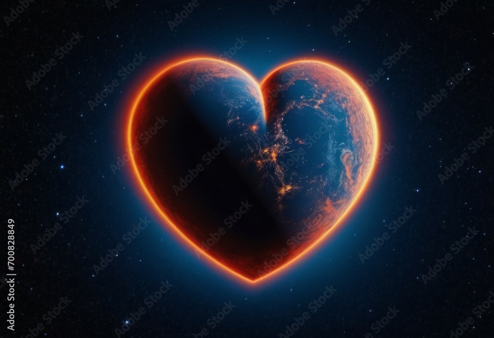 Poster planet in the shape of a heart with a glowing outline. background with selective focus and copy spac