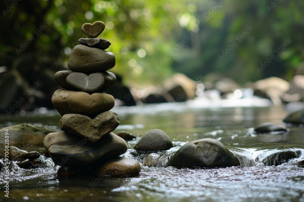 Poster a cairn with a heart-shaped stone on top. background with selective focus and copy space