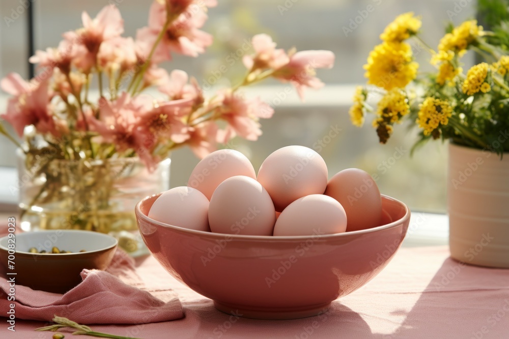 Poster eggs in trendy colors. backdrop with selective focus and copy space