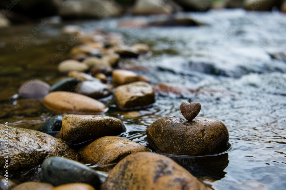 Aufkleber heart-shaped stone in a mountain stream. backdrop with selective focus and copy space for the inscri