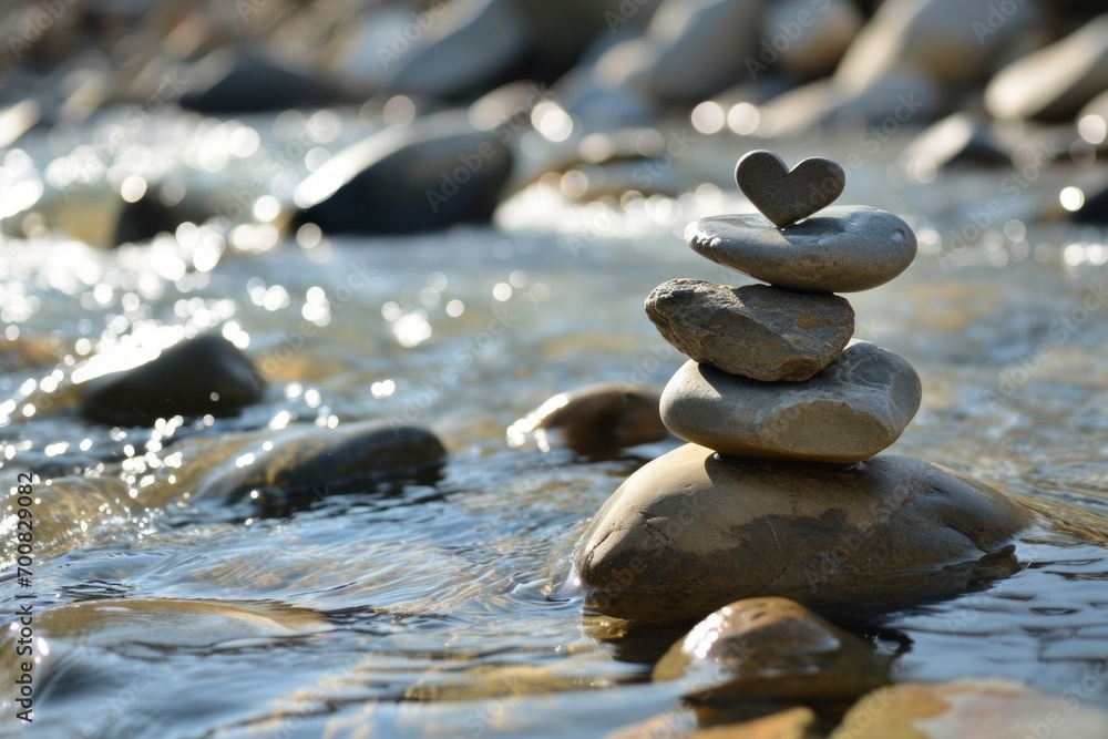 Aufkleber a cairn with a heart-shaped stone on top. backdrop with selective focus and copy space