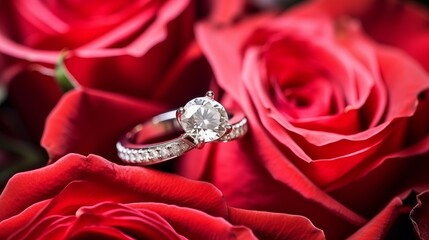 Enchanting Elegance: Sparkling Diamond Ring Unveiled in a Luxurious Package, Embraced by a Scarlet Rose