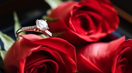Enchanting Elegance: Sparkling Diamond Ring Unveiled in a Luxurious Package, Embraced by a Scarlet Rose