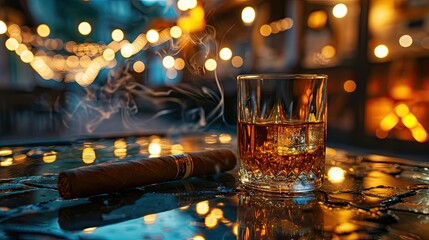 one cigar and a glass of tequila on a glass table,   - obrazy, fototapety, plakaty