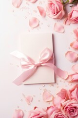 Obraz premium Enchanting Love: Exquisite Valentine's Day Wedding Invitation with Pink and White Roses, Glittering Ribbons, and Perfect Photography