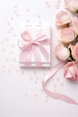 Obraz na płótnie Canvas Enchanting Love: Exquisite Valentine's Day Wedding Invitation with Pink and White Roses, Glittering Ribbons, and Perfect Photography