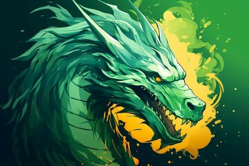 Obraz premium Green dragon's head against green and orange background, anime style. Illustration. 2024 zodiac symbol. Poster, card, postcard, cover, calendar.