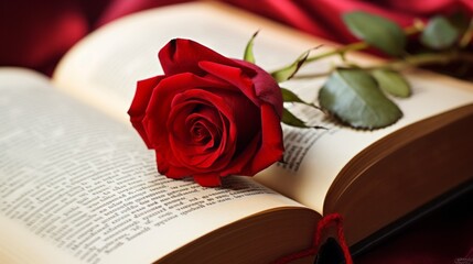 Enchanting Elegance: A Captivating Closeup of a Red Rose Blossoming within the Pages of an Opened Book - obrazy, fototapety, plakaty