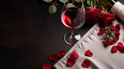 Fototapeta na wymiar Elegant Romance: A Captivating Red Rose and Invitation Card, Embracing Intimacy and Celebration with a Wine Glass Top View Closeup