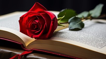 Enchanting Elegance: A Captivating Closeup of a Red Rose Blossoming within the Pages of an Opened Book - obrazy, fototapety, plakaty
