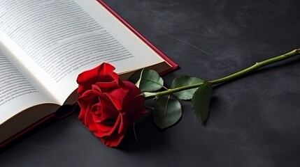 Enchanting Elegance: A Captivating Closeup of a Red Rose Blossoming within the Pages of an Opened...