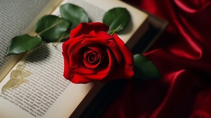 Enchanting Elegance: A Captivating Closeup of a Red Rose Blossoming within the Pages of an Opened Book