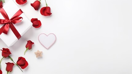 Love Unwrapped: Heart gift box and roses on a paper card, expressing timeless affection on a white background. Ideal for any occasion, with space for personalized messages. - obrazy, fototapety, plakaty