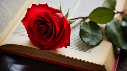 Enchanting Elegance: A Captivating Closeup of a Red Rose Blossoming within the Pages of an Opened...