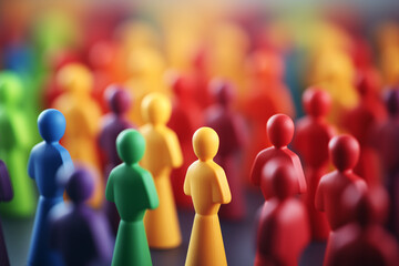 A crowd of colorful figurines with selective focus. Diversity equity and inclusion DEI concept. . High quality photo - obrazy, fototapety, plakaty