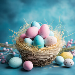 Fototapeta na wymiar Close-up of speckled Easter eggs in nest with pastel colors for spring celebrations. 