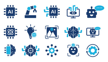 Artificial intelligence icon set. data science, AI, virtual assistant, generative AI, technology. Solid Icons set in trendy style  - obrazy, fototapety, plakaty
