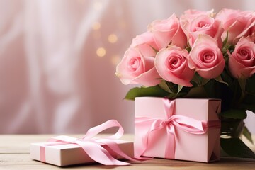 Love Blossoms: Exquisite Valentine's Day Gift with Pink Roses and Greeting Card, Captured in Immaculate Lighting - A Picture Perfect Moment