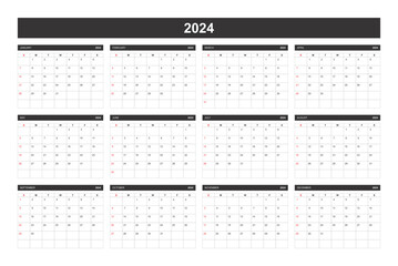 2024 Calendar, New Year 2024. 2024 Monthly Calendar Template. 2024 Planner Template. Black and White Modern Minimalist Style 2024 Calendar. - obrazy, fototapety, plakaty