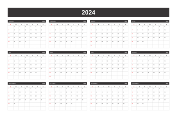 2024 Calendar, New Year 2024. 2024 Monthly Calendar Template. 2024 Planner Template. Black and White Modern Minimalist Style 2024 Calendar.