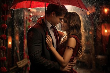 Romantic Couple Hugging Under Umbrella Holding Valentines During Rainy Weather