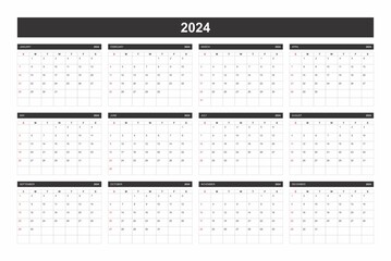 2024 Calendar, New Year 2024. 2024 Monthly Calendar Template. 2024 Planner Template. Black and White Modern Minimalist Style 2024 Calendar. - obrazy, fototapety, plakaty