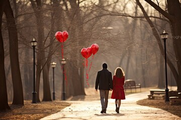 Romantic couple holding hands and carrying valentines walking in the park on Valentine's Day