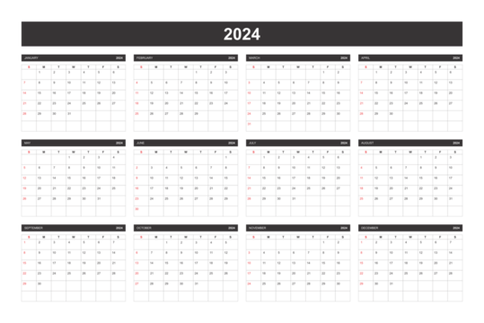 2024 Calendar, New Year 2024. 2024 Monthly Calendar Template. 2024 Planner Template. Black and White Modern Minimalist Style 2024 Calendar.